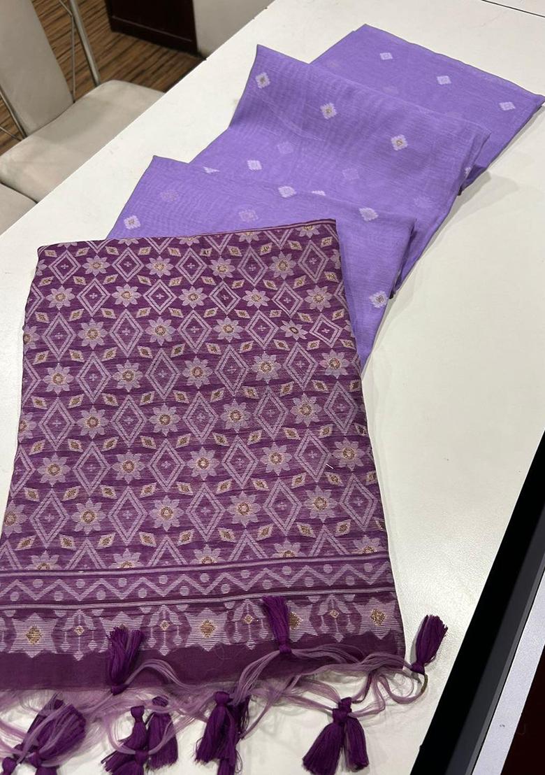 Lavender Solid Cotton Saree Set