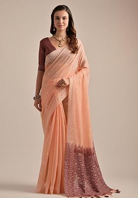 Peach Solid Cotton Saree Set