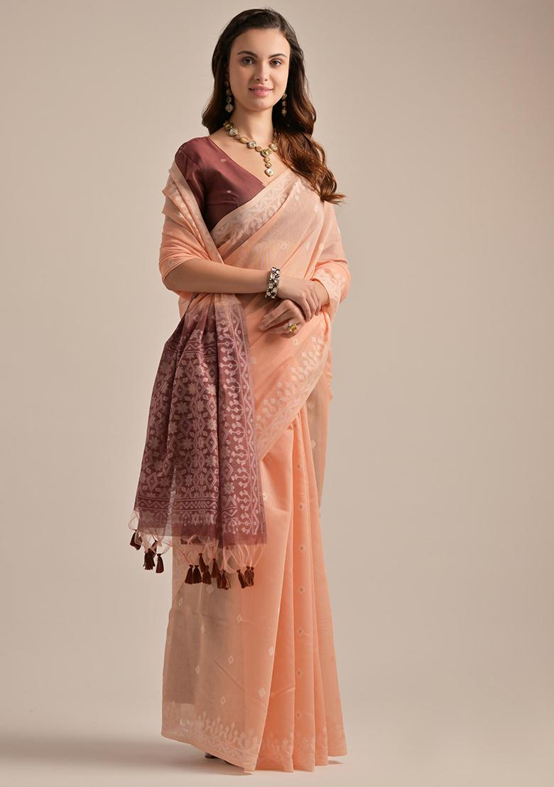 Peach Solid Cotton Saree Set