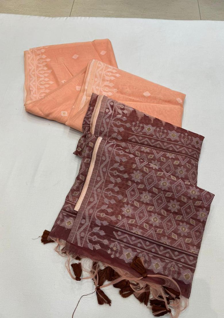 Peach Solid Cotton Saree Set