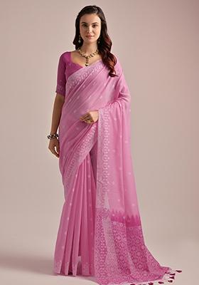 Pink Solid Cotton Saree Set
