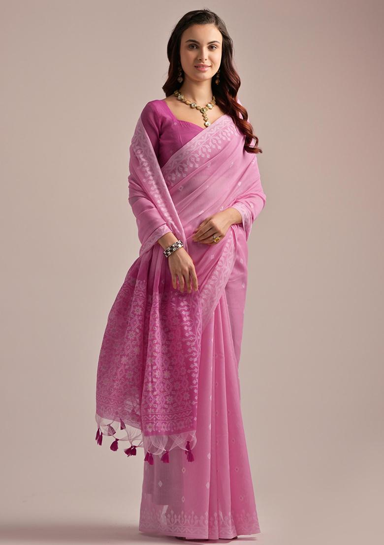 Pink Solid Cotton Saree Set