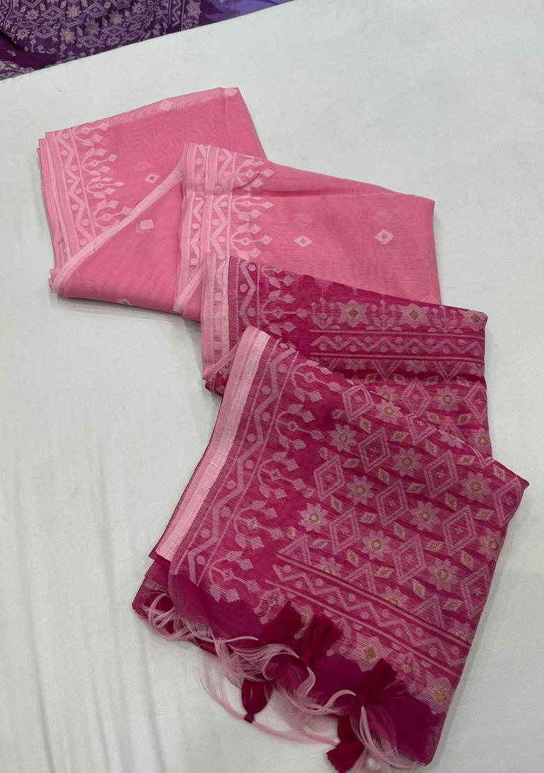 Pink Solid Cotton Saree Set