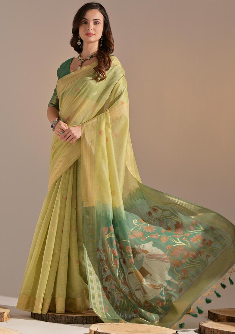 Lemon Solid Cotton Saree Set