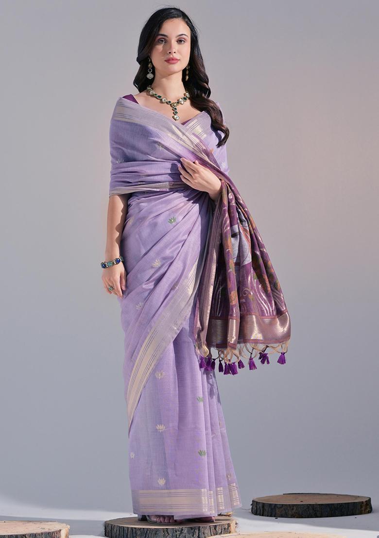 Lavender Solid Cotton Saree Set