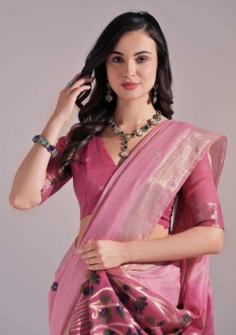 Pink Solid Cotton Saree Set