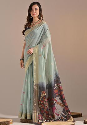 Green Solid Cotton Saree Set