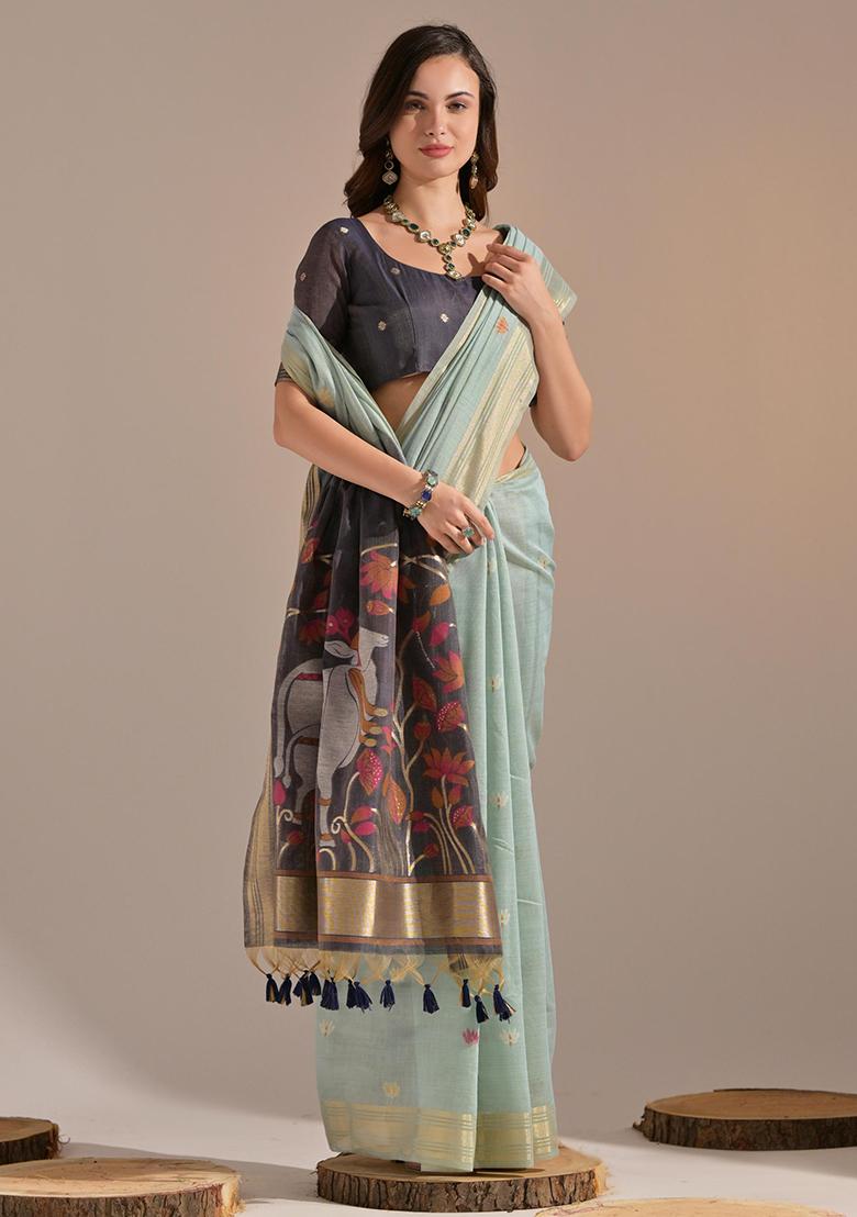 Green Solid Cotton Saree Set