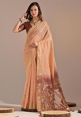 Peach Solid Cotton Saree Set