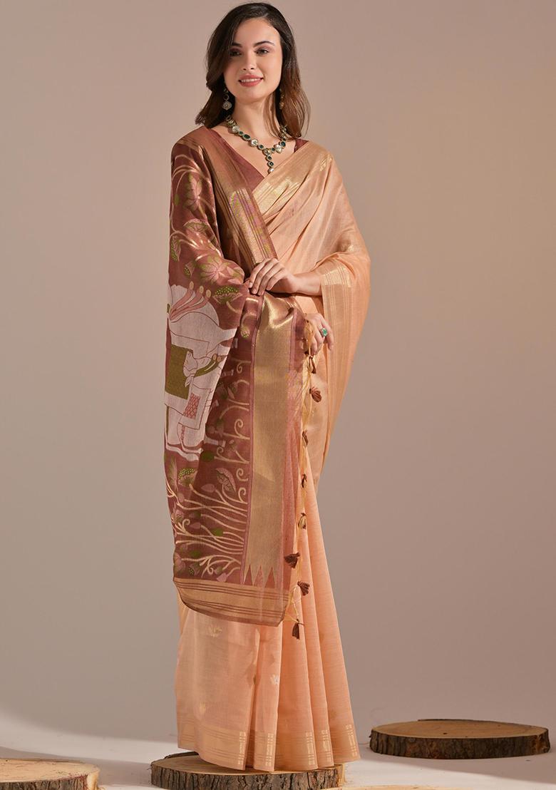 Peach Solid Cotton Saree Set