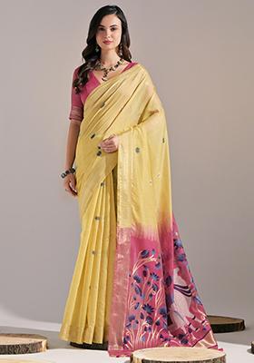 Yellow Solid Cotton Saree Set