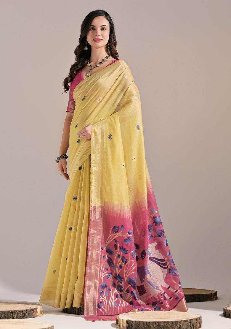 Yellow Solid Cotton Saree Set