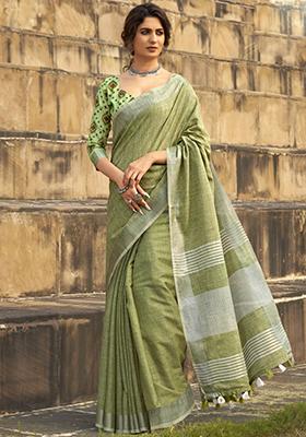 Light Green Khadi Print Silk Saree Set