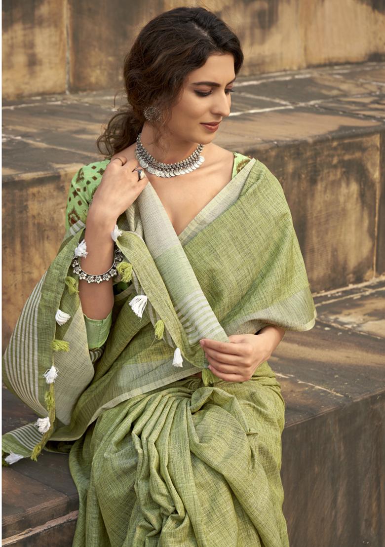 Light Green Khadi Print Silk Saree Set