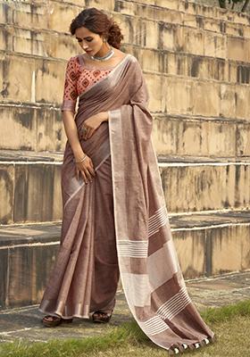 Light Brown Khadi Print Silk Saree Set