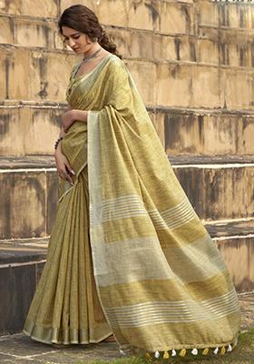 Beige Khadi Print Silk Saree Set