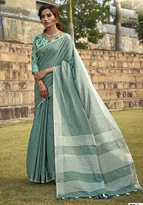 Turquoise Khadi Print Silk Saree Set