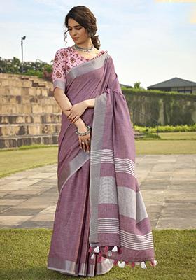 Onion Pink Khadi Print Silk Saree Set