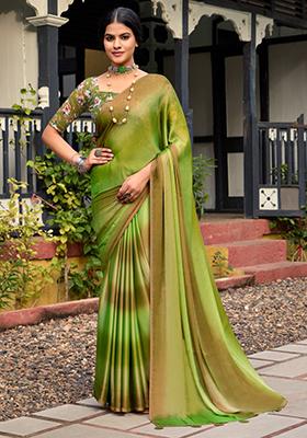 Green Printed Chiffon Saree Set