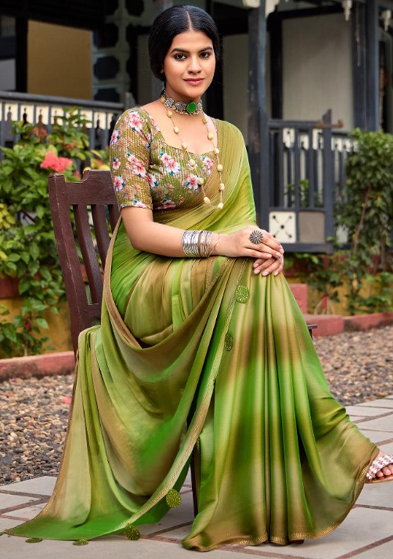 Green Printed Chiffon Saree Set