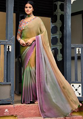 Brown Printed Chiffon Saree Set