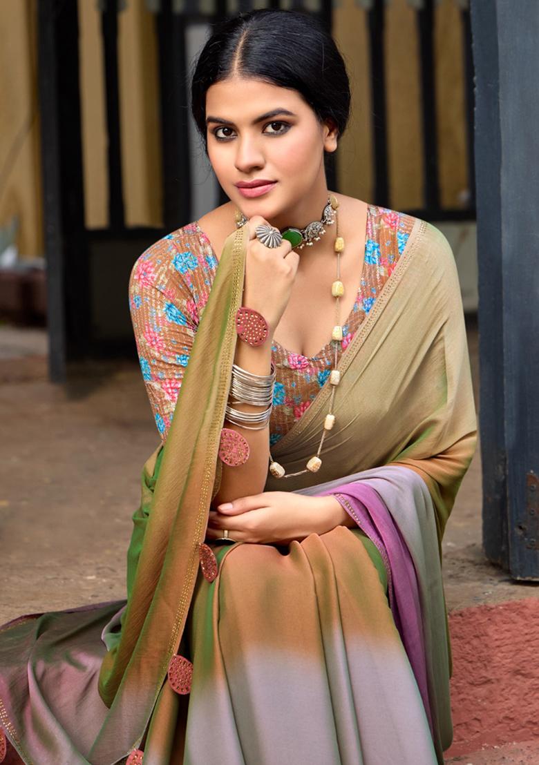 Brown Printed Chiffon Saree Set