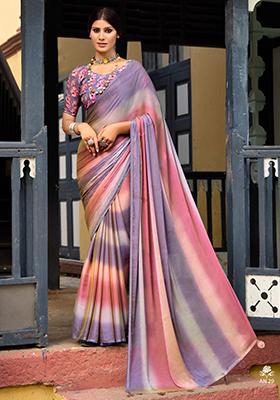 Multicolor Printed Chiffon Saree Set