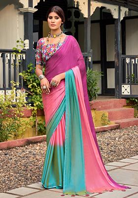 Pink Printed Chiffon Saree Set
