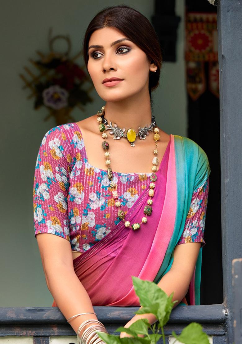 Pink Printed Chiffon Saree Set