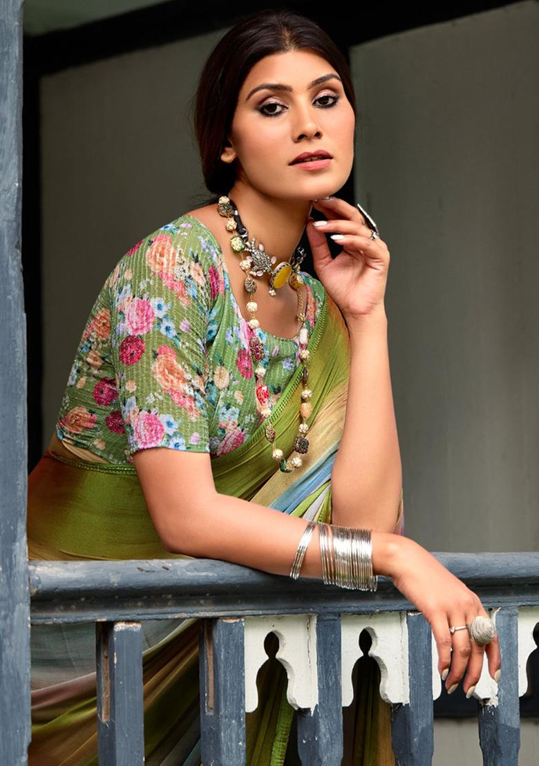 Multicolor Printed Chiffon Saree Set