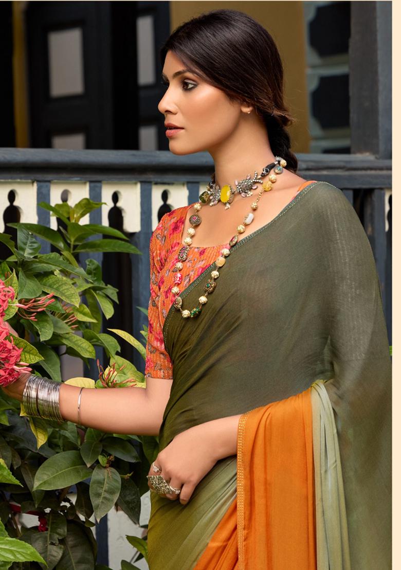 Multicolor Printed Chiffon Saree Set