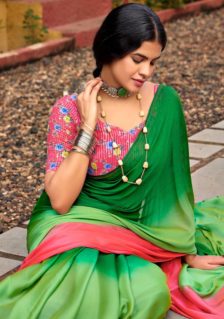 Green Printed Chiffon Saree Set