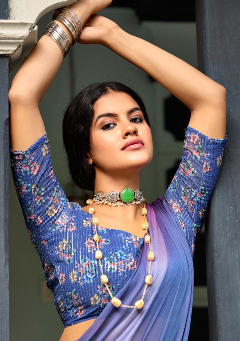 Multicolor Printed Chiffon Saree Set