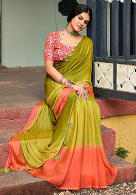 Green Printed Chiffon Saree Set
