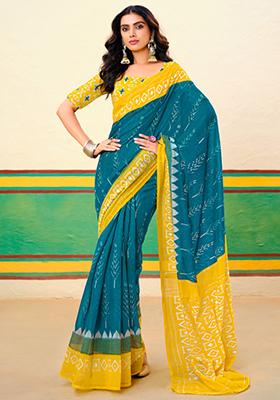 Aqua Blue Printed Cotton Saree Set