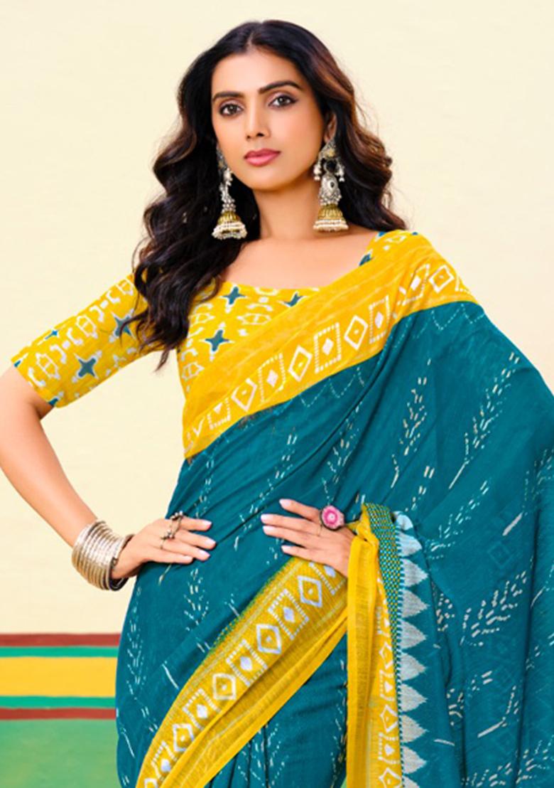 Aqua Blue Printed Cotton Saree Set