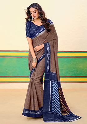 Brown Printed Cotton Saree Set
