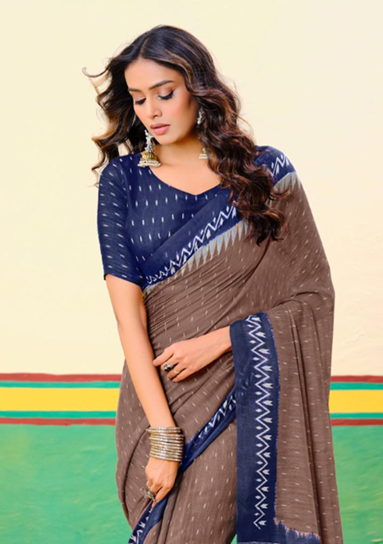 Brown Printed Cotton Saree Set