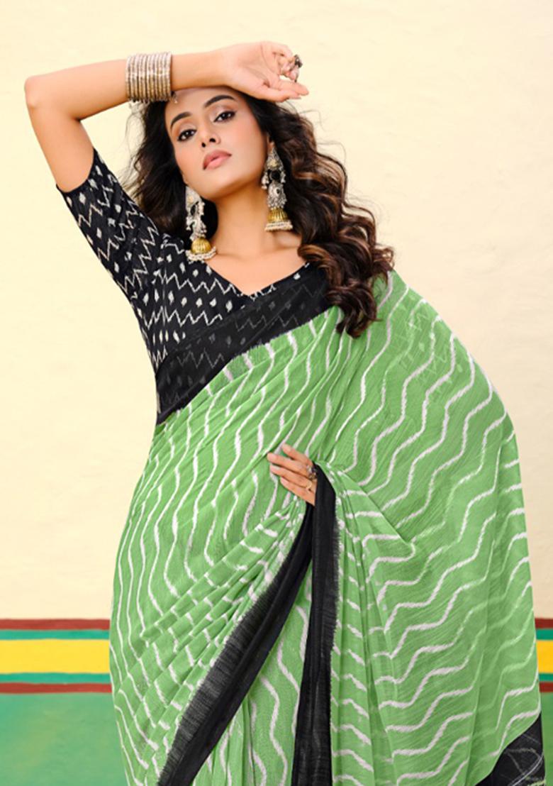 Green Printed Cotton Saree Set