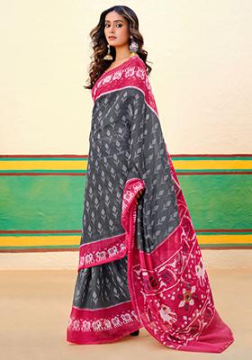 Grey Printed Cotton Saree Set