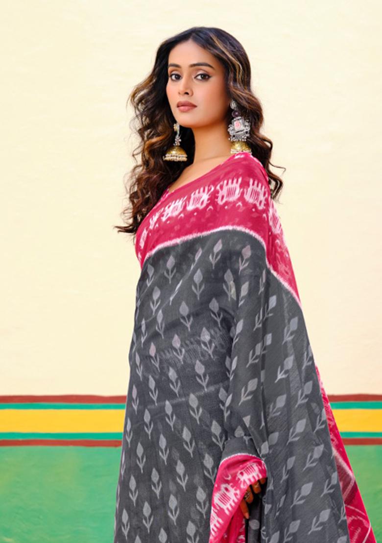 Grey Printed Cotton Saree Set