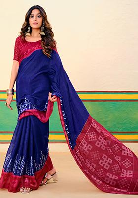 Navy Blue Printed Cotton Saree Set