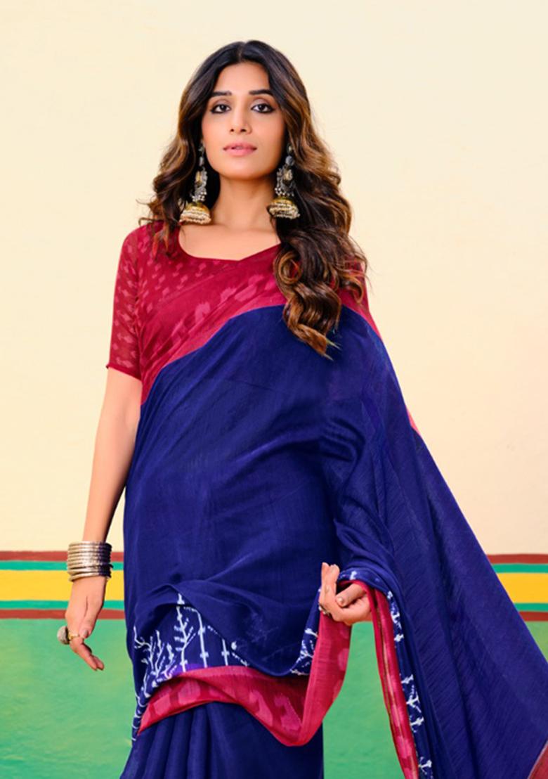Navy Blue Printed Cotton Saree Set