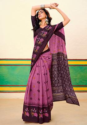 Pink Printed Cotton Saree Set