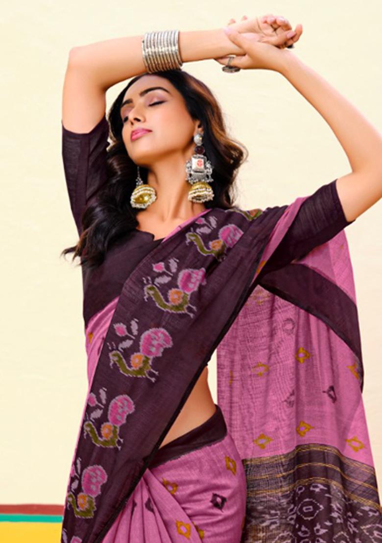 Pink Printed Cotton Saree Set