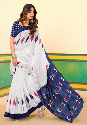White Printed Cotton Saree Set