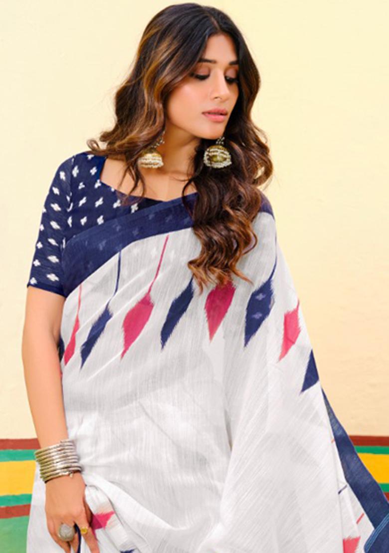 White Printed Cotton Saree Set