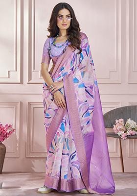 Light Purple Printed Silk Saree Set