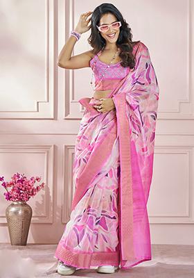 Light Pink Printed Silk Saree Set