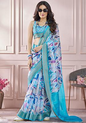Sky Blue Printed Silk Saree Set